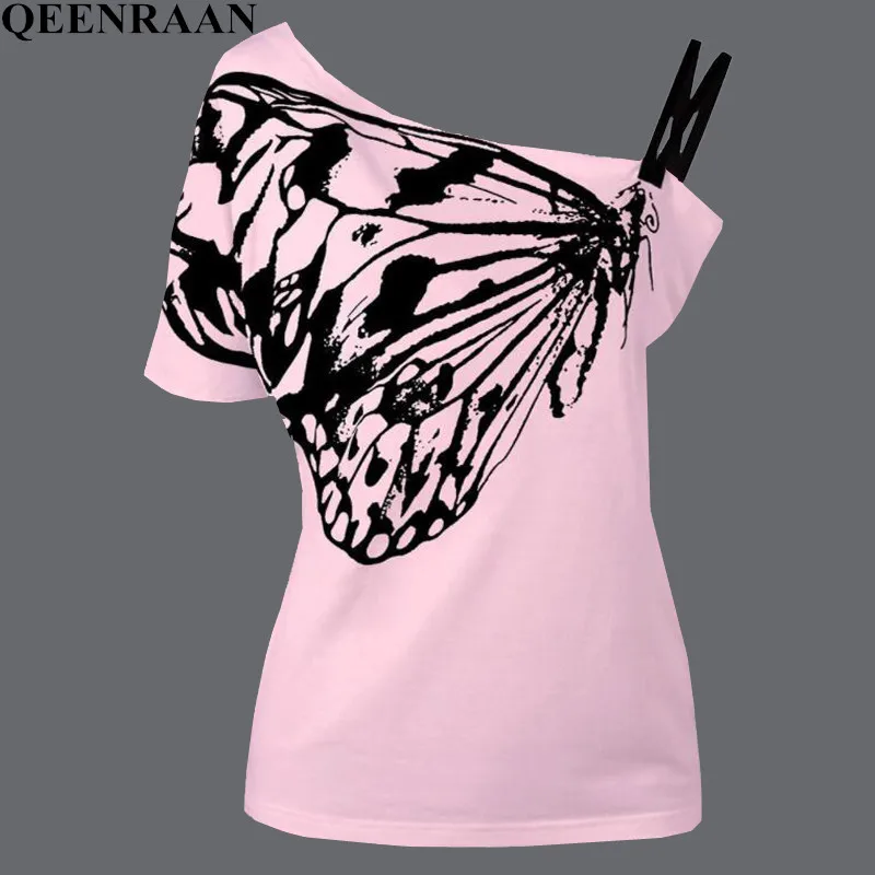 Artículo caliente Camiseta Sexy con estampado de mariposa para mujer, camisas ajustadas de algodón con hombros descubiertos, ropa para mujer, camisetas para mujer 2021 JajmkxKG