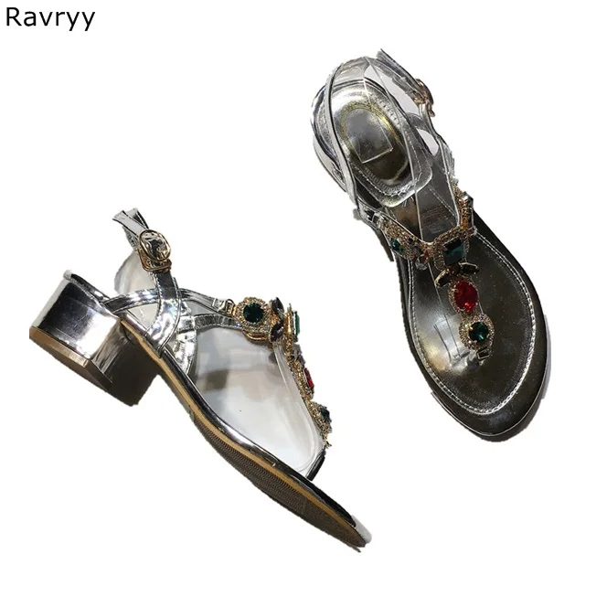 

Bling Bling Colorful crystal shoes summer Woman sandals square heel flip flops ankle buckle female single shoes beach shoes