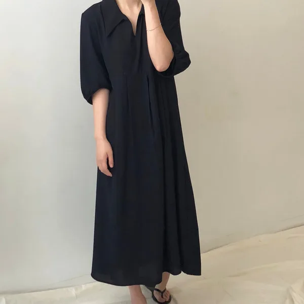Женское летнее длинное черное платье, короткий рукав, отложной воротник, короткое платье с пуговицами, элегантное платье размера плюс, женское платье Sukienki