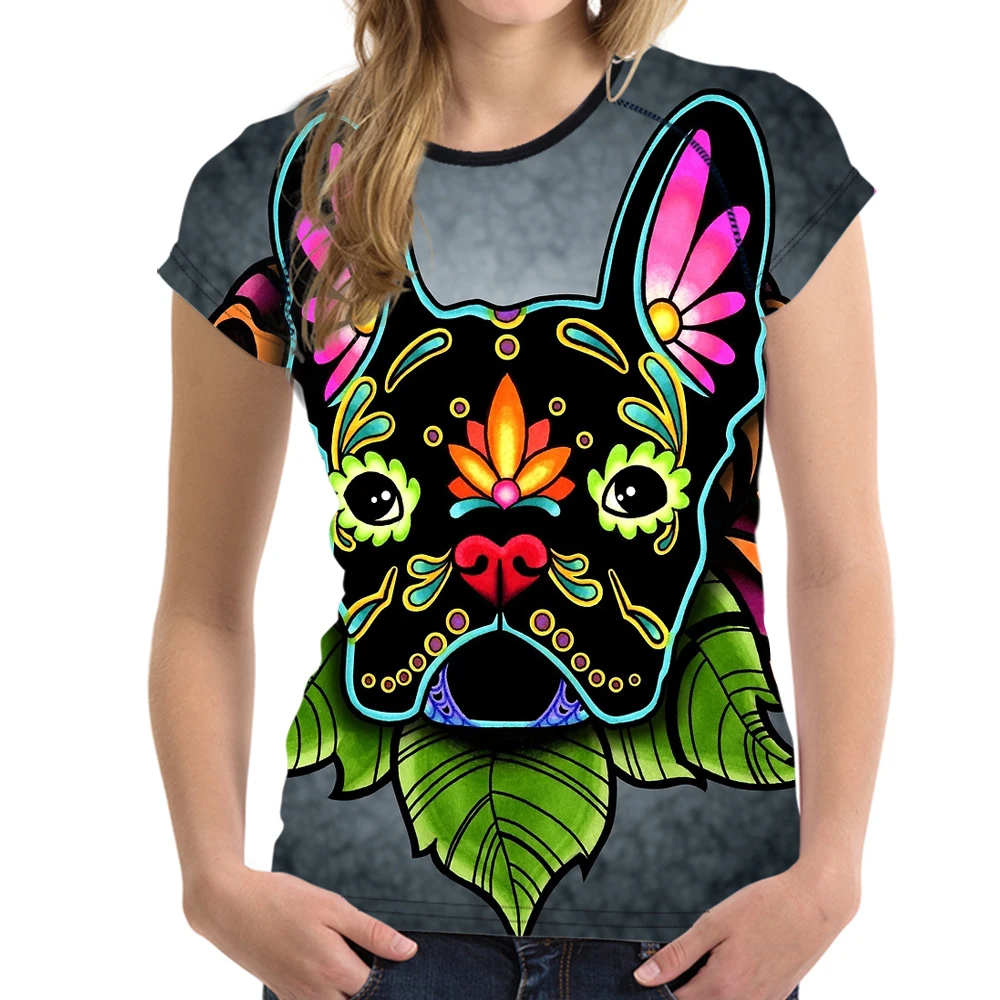 NoisyDesigns Kawaii 3D Собака Французский бульдог печатные женщин футболки День мертвых