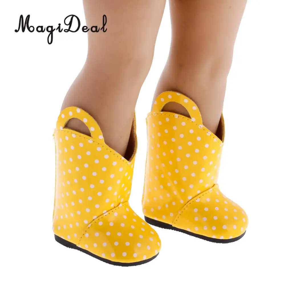 MagiDeal 1 Pair PU Leather Yellow Dots Zipper Back Boots Shoes for 18 Inch   Dolls Baby Outdoor Rain Wear Accs