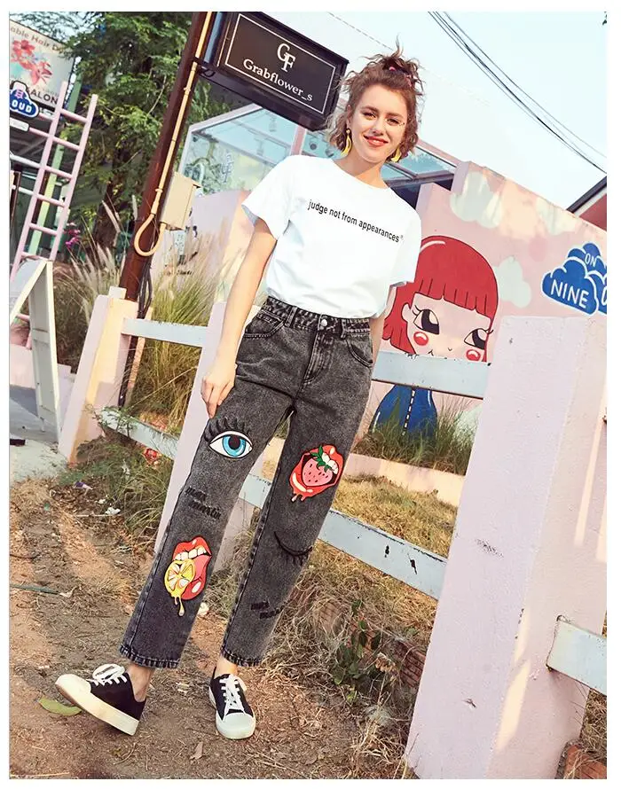 2019 Летняя мода вышитые джинсовые брюки Высокая талия женские джинсы
