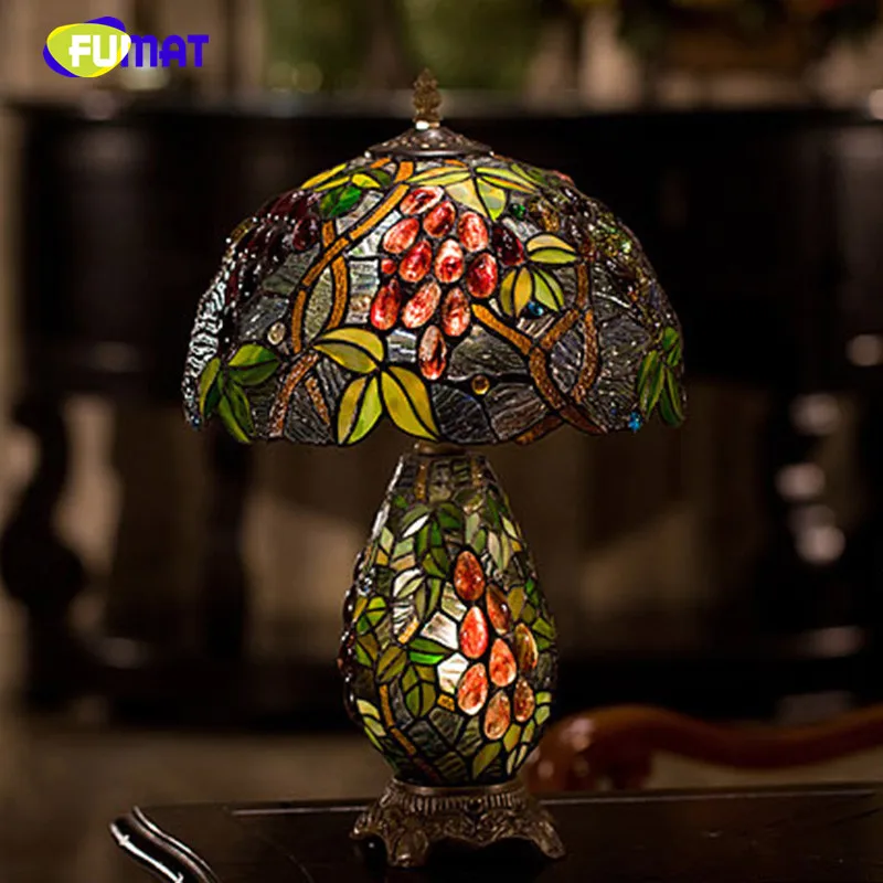 FUMAT Stained Glass Table Lamp Vintage European Style Garden Grape Bedside Glass Art Lamp Living Room Hotel Light Fixtures