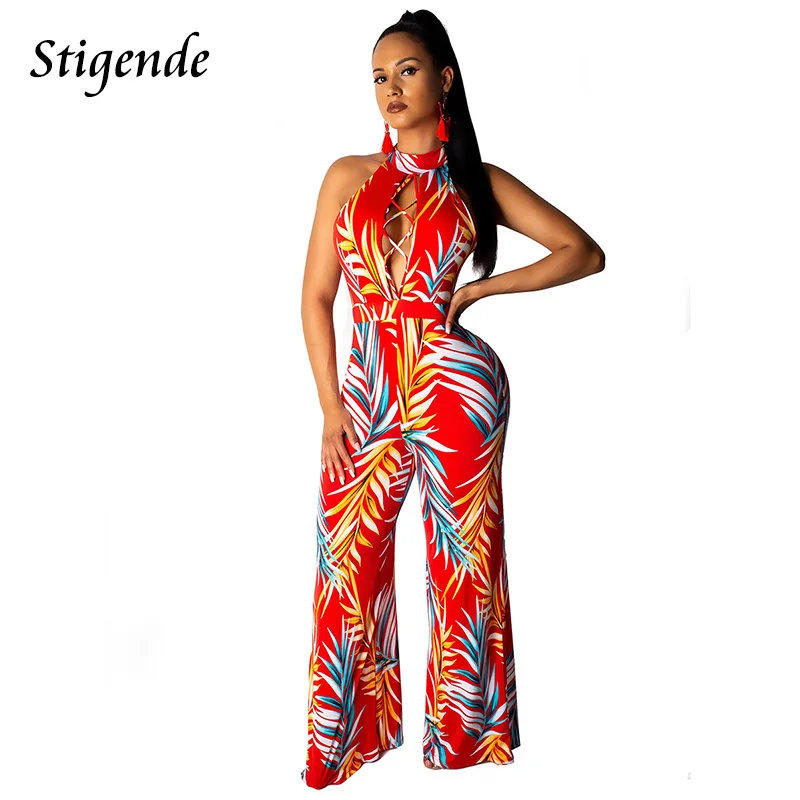 

Stigende Bohemian Sleeveless Wide Leg Print Jumpsuits Women Sexy Open Back Party Jumpsuit Casual Summer Bodycon Jumpsuit Pants