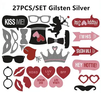 

Wholesale 200set/lot 27PCS Include Gilsten Silver Series Photo Props Party Decoration "KISS ME"