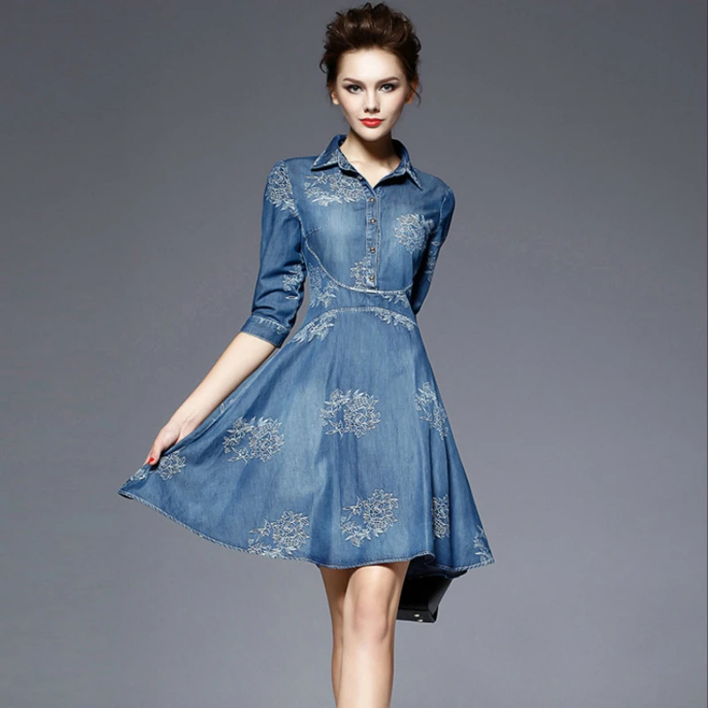 

2018 Summer Autumn Women Dress Elegant Causal Floral Embroidery Half Sleeve Lady Daily Dresses Denim High Quality