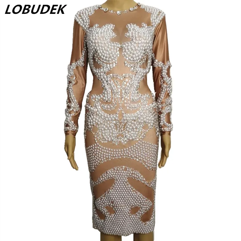 

Sexy Skinny Ladies Dress White Pearl Rhinestones one piece Beading dress Formal Catwalk Prom Singer Bar DS performance costume