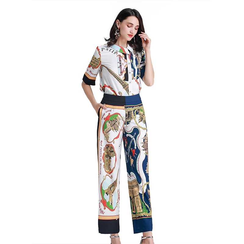 Fashion Designer Vrouwen Set Patchwork Office Lady Turn-down Kraag Print Elegante Shirt + Wijde Pijpen broek Vintage Twee delige Set Fashion Designer Vrouwen Set Patchwork Office Lady Turn-down Kraag Print Elegante Shirt + Wijde Pijpen broek Vintage Twee delige Set