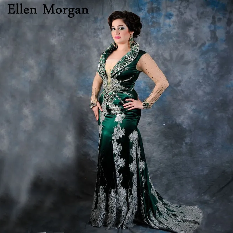 

Dark Green Muslim Mermaid Evening Dresses For Women Wear with Long Sleeves Lace Beading Morocco Caftan Dubai Kaftan Formal Gowns