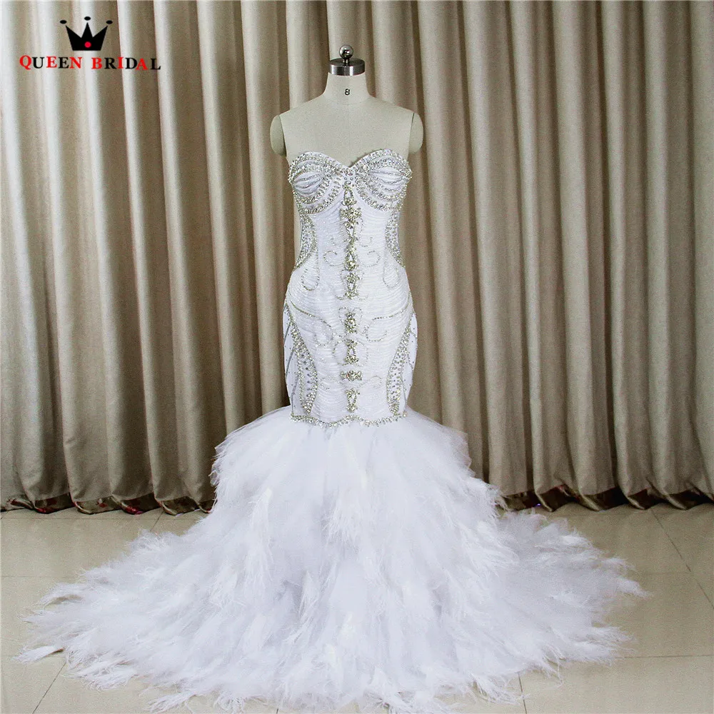Настоящая фотография, роскошное сексуальное свадебное платье русалки, расшитое бисером и хрустальными перьями, свадебные платья, платья невесты, королевы невесты XD46