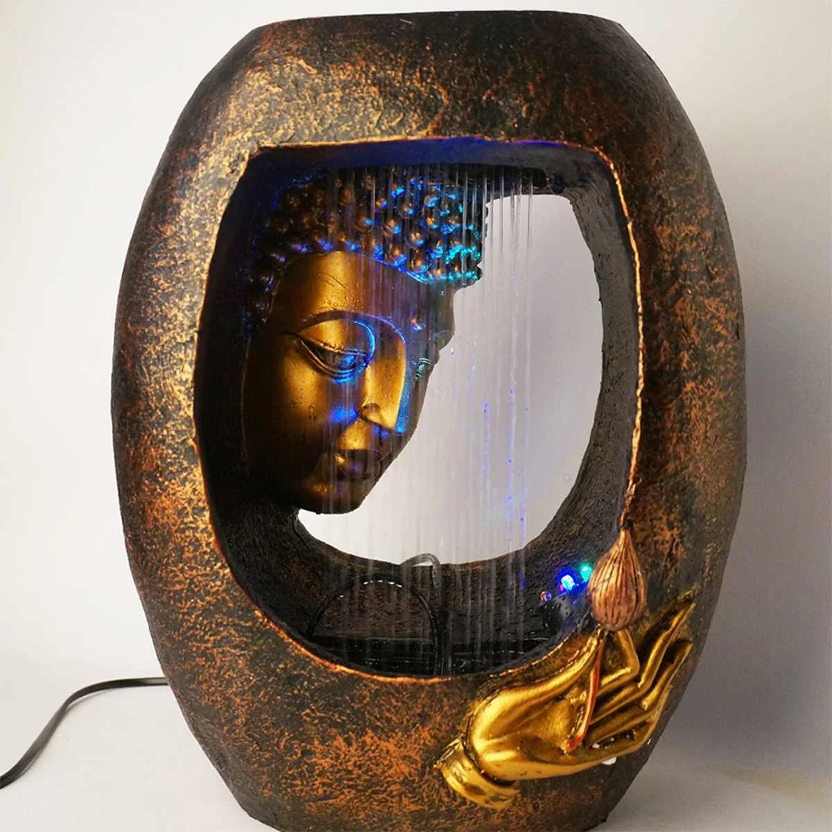 

Buddha Statue Water Fountain Buddha Ornaments Resin Electricity rockery bonsai With 7-color Projector Lights Home Decor Buddhist