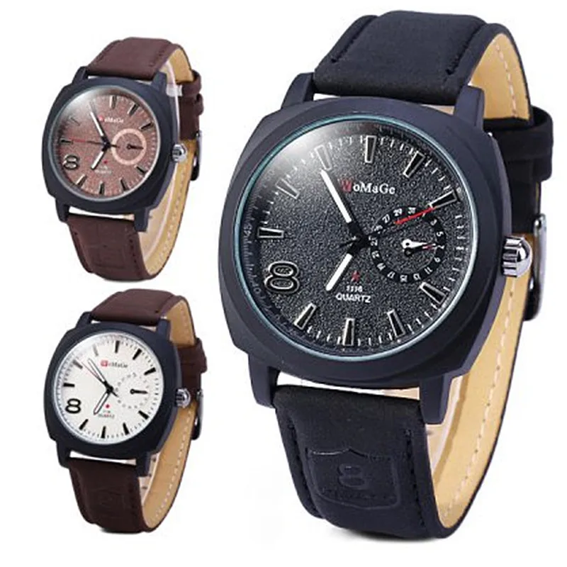 2018 New Business Casual Watches Men Luxury Brand Womage Quartz Watch Dual Dial Leather Strap Man Sports Military Wristwatches