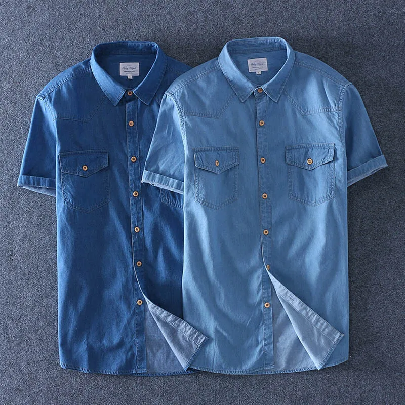 2020 Summer 100% Cotton Men Short Sleeve Denim thin Shirt Soft Slim Jeans Plus Size Two Front Pocket|Повседневные рубашки| |