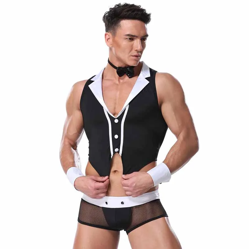 Erotic Men's Bartender Suit Sexy Gay Men Waiter Role Play Costumes Maid Cosplay Lingerie Nightclub Bar Performance Uniforms (1)