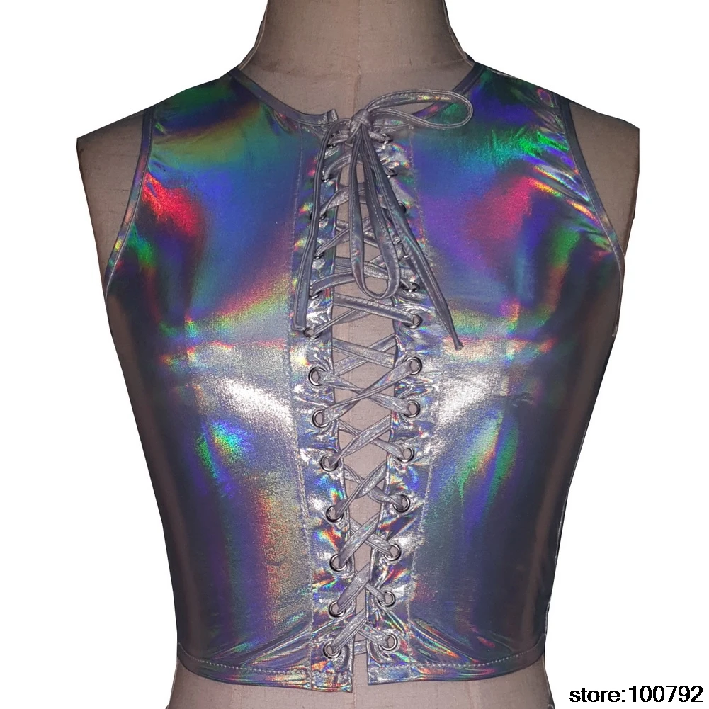 Holographic Chocker Crop Top Bottom наборы летней одежды Fetival Rave одежда наряды шестерни голограмма майка шорты с высокой талией - Цвет: 8075SRT