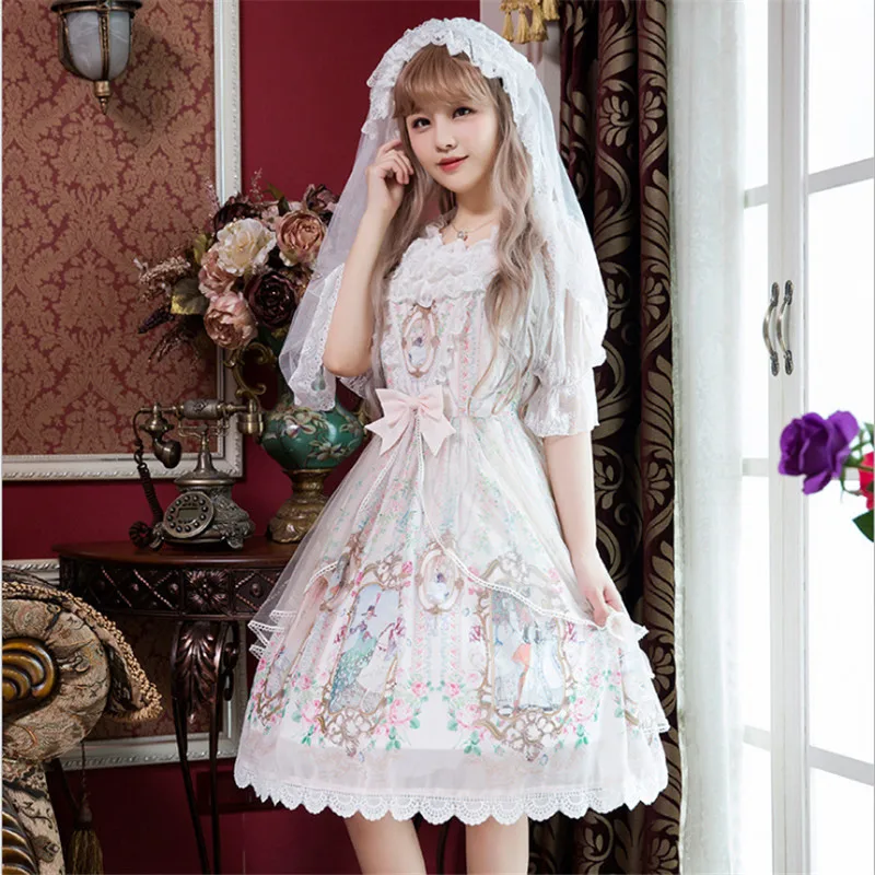 

Sweet Lolita JSK Dress Summer Women Tank Dresses Cute Print Lace Sleeveless Princess Dresses Elastic Large Size Vestidos Faldas