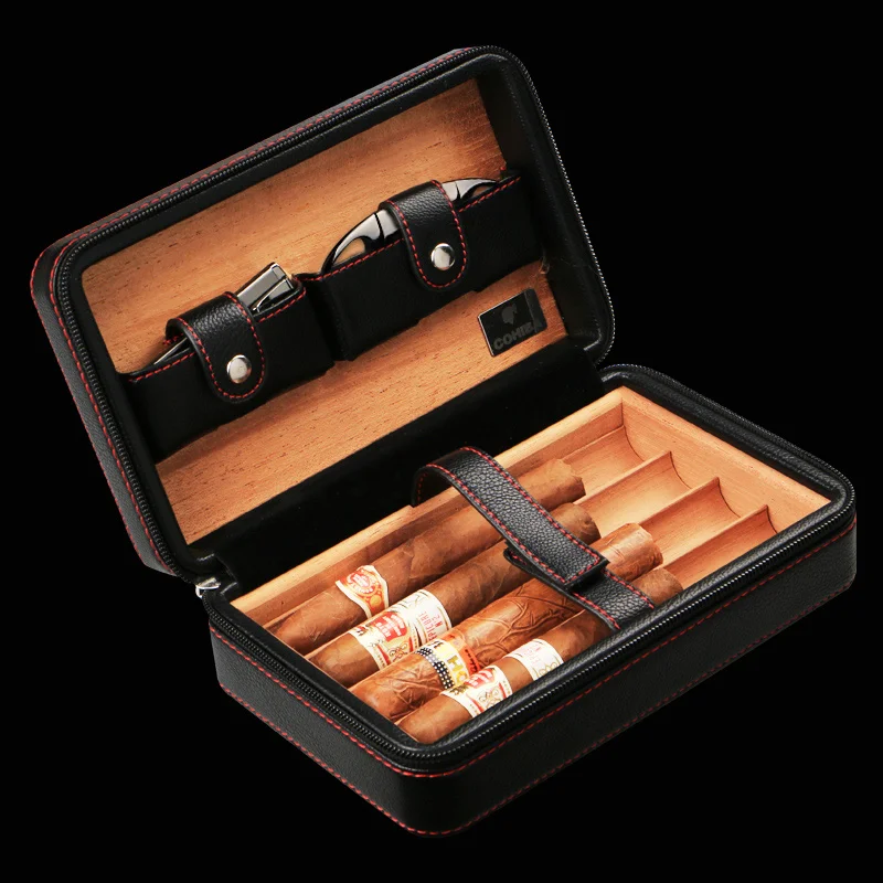 Without Lighter!!! Portable Travel Use Wooden Leather Cigar Humidor Two