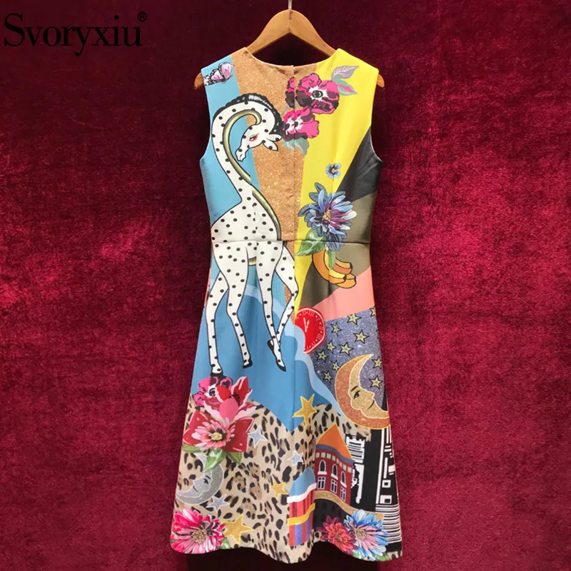 Svoryxiu Elegant Runway Summer Sleeveless Dress Women's luxury Beading Appliques Cartoon Leopard Print Party Dresses Vestdios