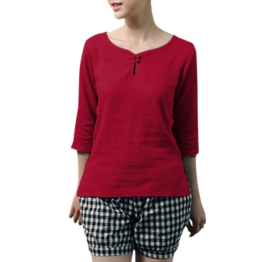 Women's shirt  2019 Women's Round Neck Cropped Sleeves Cotton And Linen Shirts Solid Color Loose