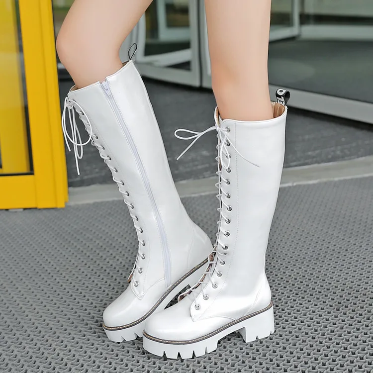 rot Kappe Schwarzes 34 silber Pxelena Heels Schuhe Plus 2018 Gothic Kniehohe Collegiate Elegante weiß Neue Größe Chunky Stiefel Runde Reiten Ritter Punk 43 Rom qUvn4w1Rq