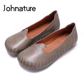 

Johnature 2020 New Spring/Autumn Simple Style Genuine Leather Round Toe Sewing Retro Slip On Women Shoes