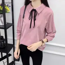 Autumn Long Sleeve Women Shirt Preppy Style Bow Woman Shirt Corduroy Plus Thick Solid Color Women Blouses Turn-Down Collar Top long sleeve corduroy button down shirt
