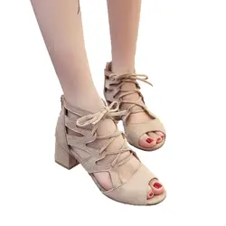 Гладиатор женские Босоножки с открытым носком с перекрестной шнуровкой из флока на молнии Летняя обувь квадратное покрывало каблук