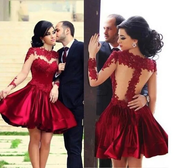 

Fashion Deep Red Sheer Tulle Back Short Prom Gown Appliqued Boat Neck Long Sleeve Wedding Party Dresses