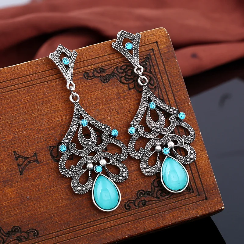 

Ethnic Bohemian Women Teardrop Black Vein Turquoises Earring Antique Silver Color Filigree Stone Dangle Earrings