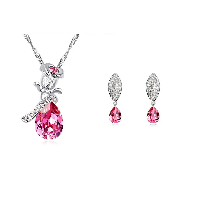 

New 2014 Wholesale Silver Plated Vintage Rose Flower Pendants Necklaces Jewerly Crystal Stud Earring Jewelry sets for women