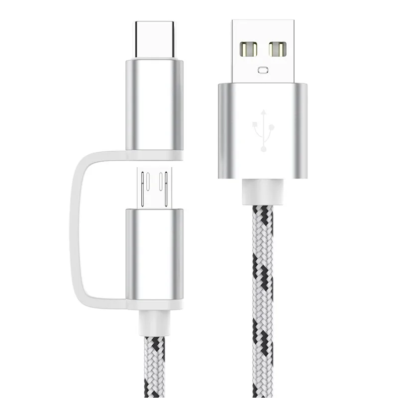 2 в 1 usb зарядный кабель для samsung оплетка Micro usb type C данные синхронизировать мобильный телефон USB C type-C кабель код для Xiaomi huawei LG - Цвет: Серебристый