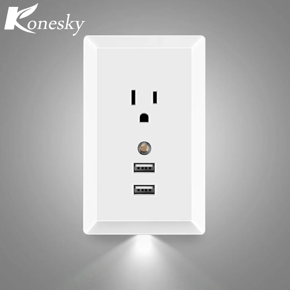 Konesky AC Socket Wall Outlet with LED Night Light and 2 USB Ports