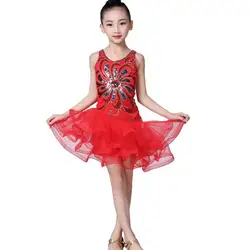Детская танцевальная одежда для девочек, платье для латинских танцев с блестками, сетчатые пушистые детские костюмы для выступлений