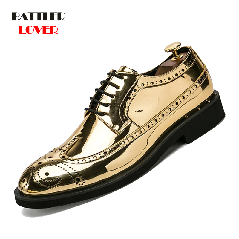

Gold Silver Color Design Brogue Oxford Shoes For Men Italian Formal Ballroom Dress Footwear New Males Patent Leather Flats Shoes
