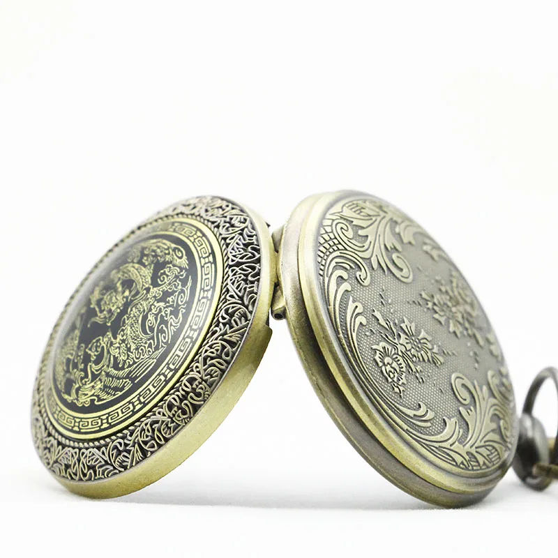 Античная бронза Дракон Феникс кварцевые карманные часы кулон с цепочкой ожерелье подарок для женщин мужчин PB626