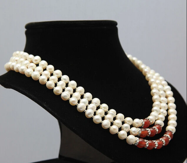 

HOT 003529 3 rows 7-8mm white akoya pearl + 8mm red green yellow black agate necklace