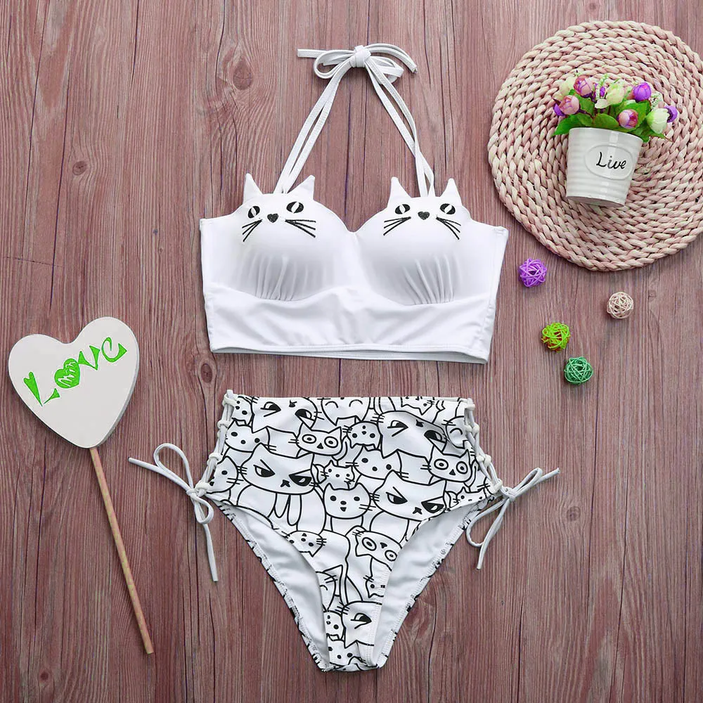 

Push Up Kitty Girl Swim Bikini Steel Rimed Cat Biquini Suit High Waist Sexy Steel Ring Hang Neck Women Swimwear 2019 Drop Ship