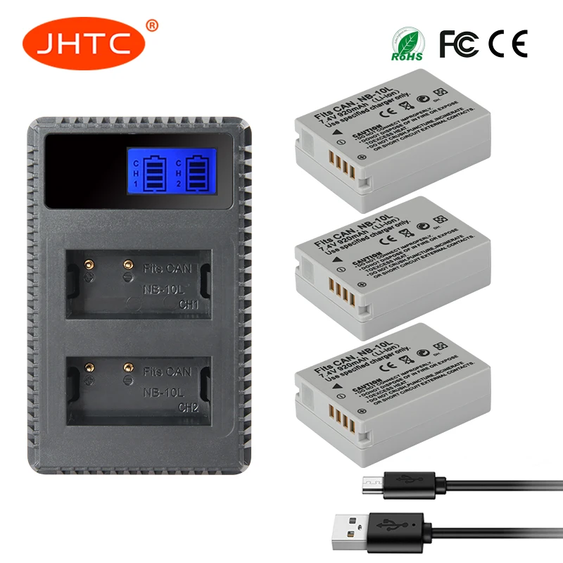 

JHTC 3pcs NB-10L NB10L NB 10L Battery + LCD USB Charger for Canon CB-2LC PowerShot G15 G16 G1X G3X SX40 HS SX50 HS SX60 HS