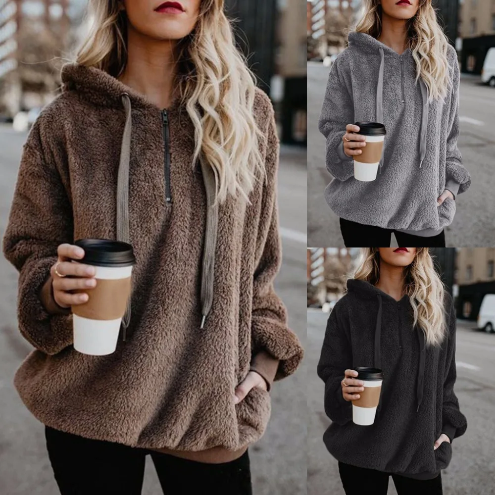 

Oversized Women Pullover Hoodie Zipper Front Long Sleeve Sweatshirt Solid Pocket