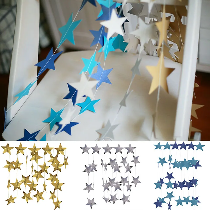 4M Bright Gold Silver Paper Garland Star String Banners Wedding Banner For Party Home Wall Hanging Decoration baby shower favors