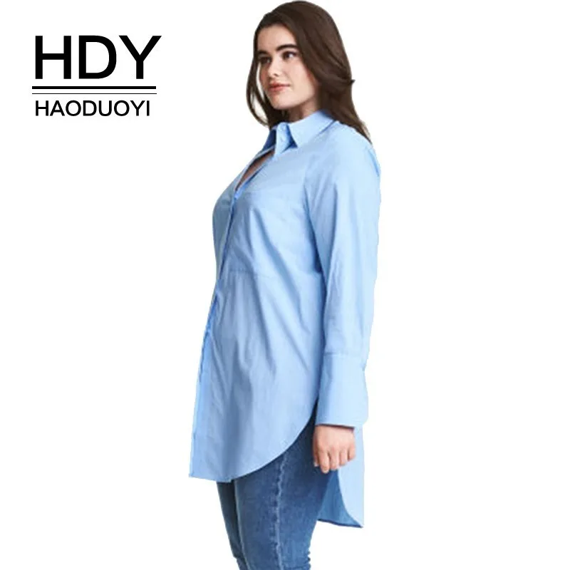

HDY Haoduoyi Large Plus Size Women Clothing Side Split Solid Casual Loose Button Turn Down Collar Long Sleeve shirts 5XL 6XL