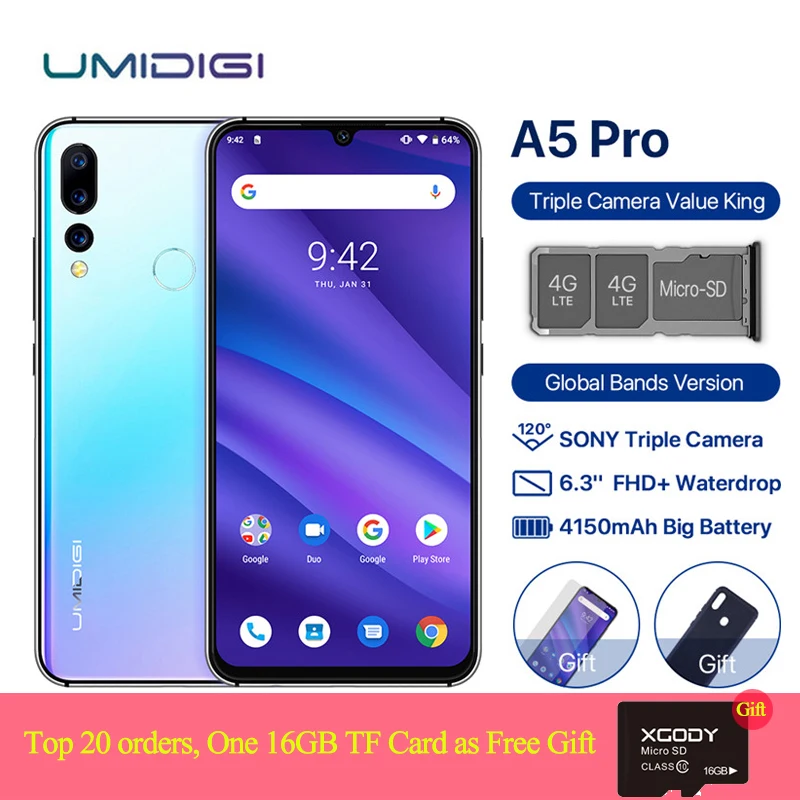 UMIDIGI A5 PRO, двойной 4G Sim смартфон, Android 9,0, 6,3 дюймов, 19:9 экран с каплями воды, 4 ГБ, 32 ГБ, четыре ядра, 16 МП, 4150 мА/ч, мобильный телефон по всему миру