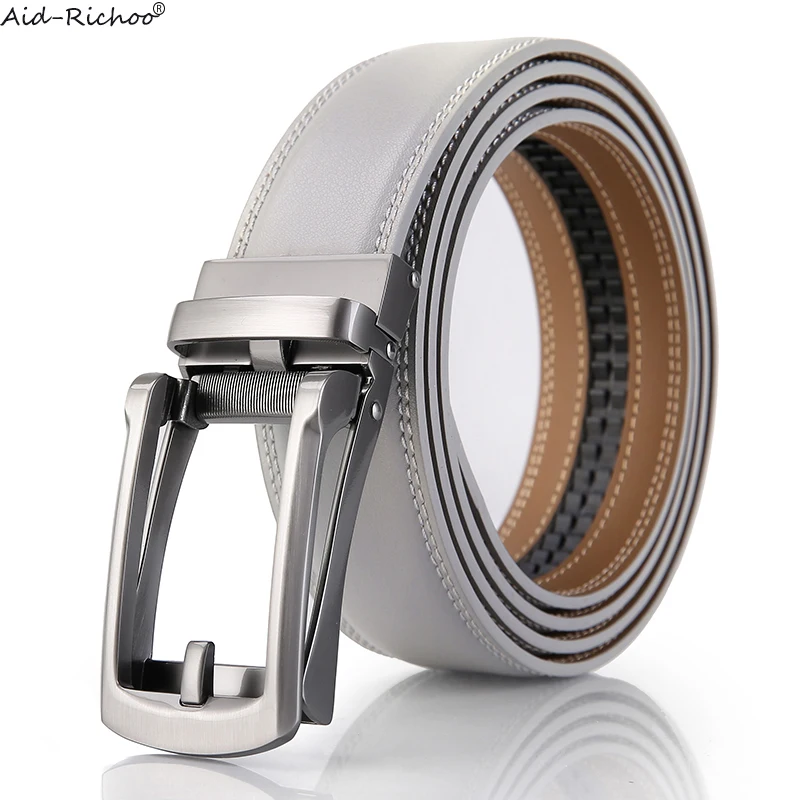 Gray Belt for Women Automatic Buckle Mens Ratchet Belt Genuine Leather