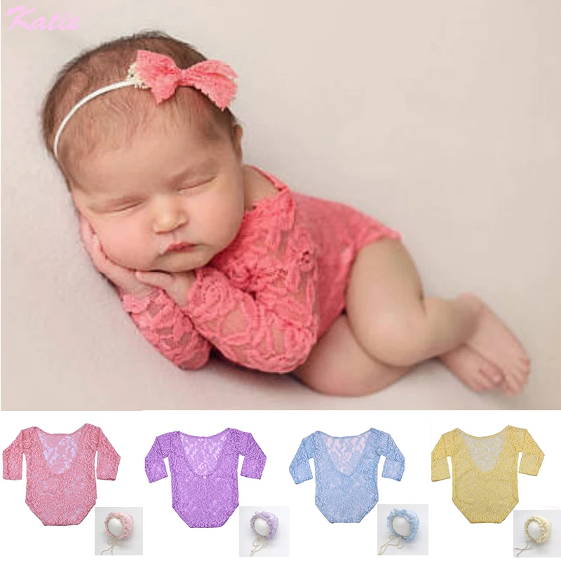 

Baby Romper Newborn Photo Props Costume Lace Romper+ Hat Bonnet Infant Baby Clothes Long Sleeve Christening Baptism Baby Rompers