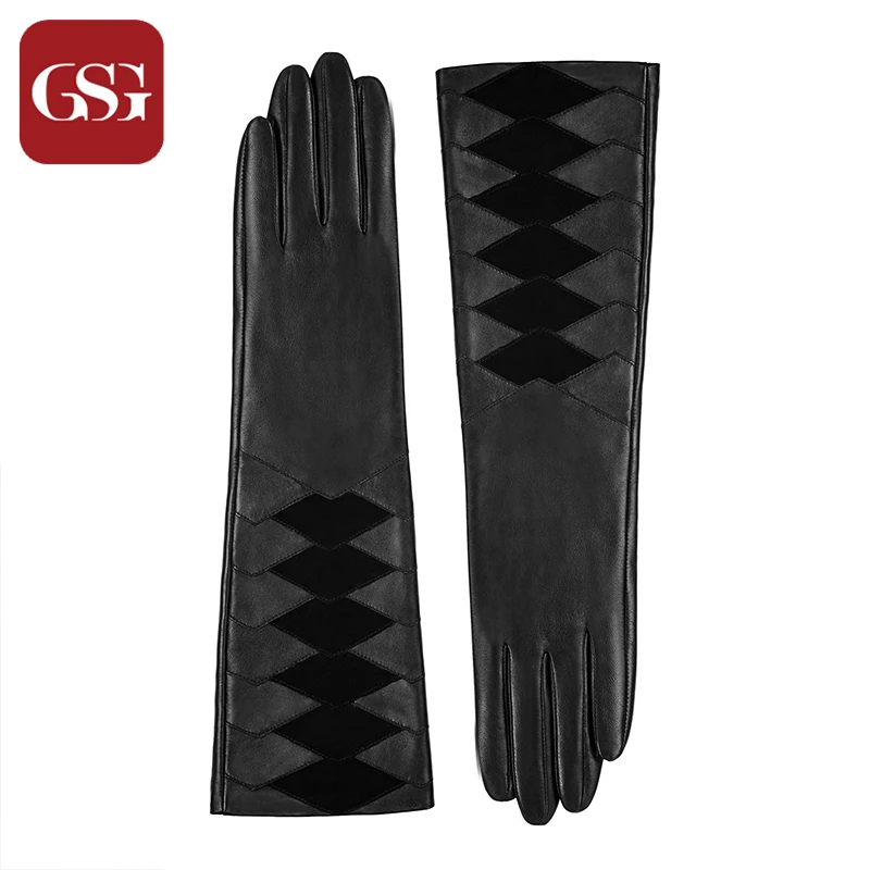 GSG женские длинные перчатки из натуральной кожи зимние теплые перчатки для вождения с подкладкой модные перчатки с тиснением