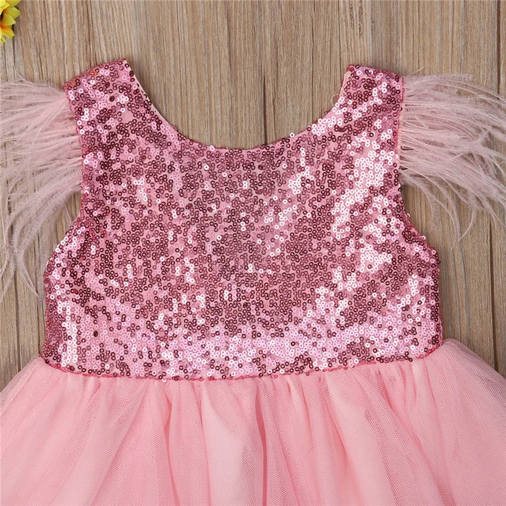 ARLONEET/осень г.; платья для маленьких девочек; однотонное платье-пачка без рукавов с блестками, перьями и открытой спиной; праздничное платье