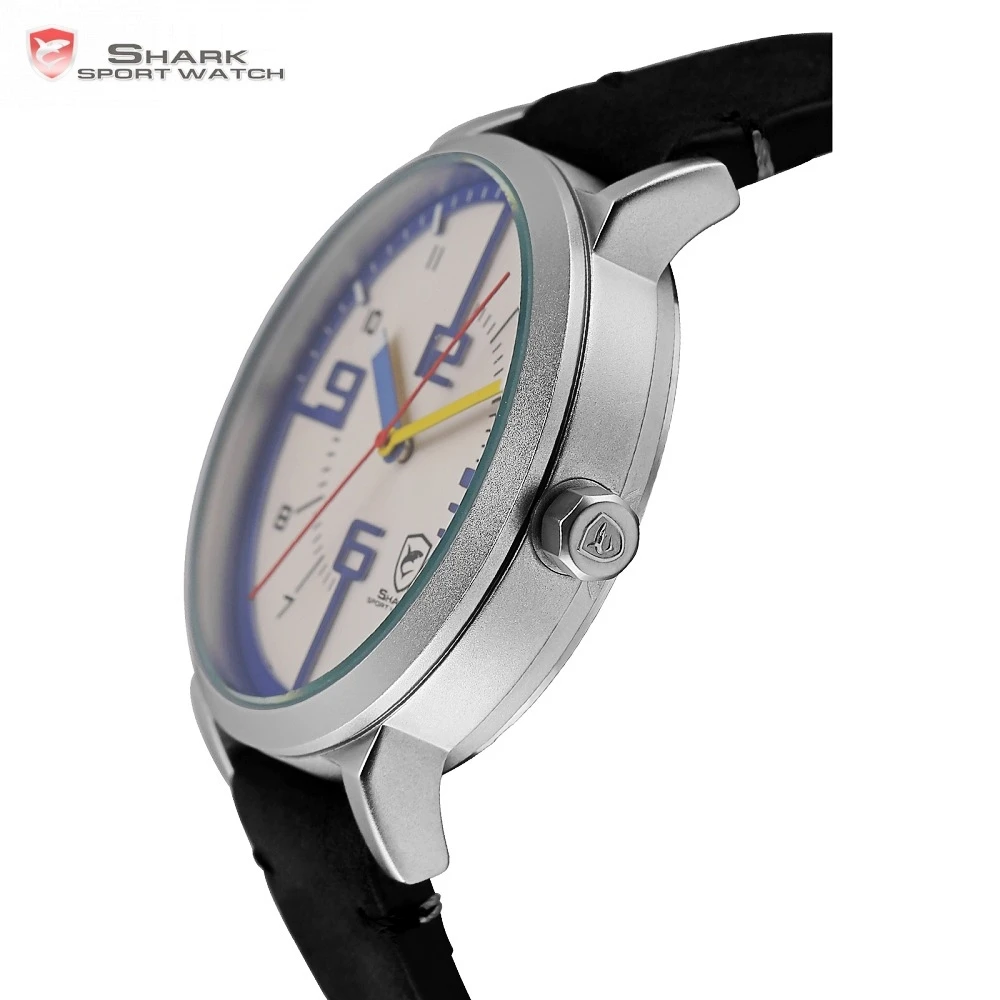 Bahamas Saw SHARK Sport Watch Top Brand Designer White Blue Simple Dial Men Crazy Horse Black Leather Band Quartz Watches /SH570