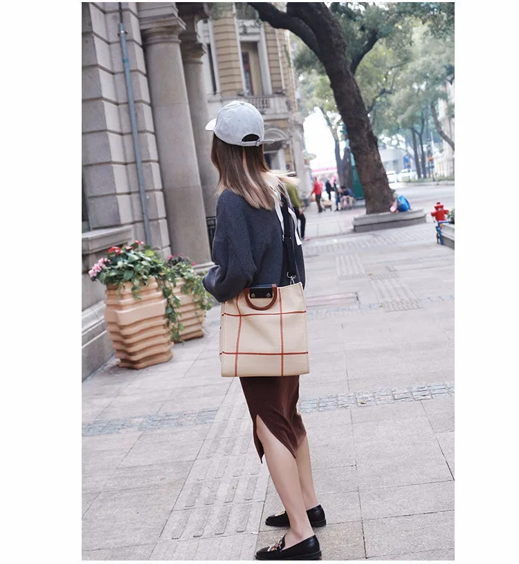 MJ Women Plaid Canvas Tote Casual Beach Bags Big Capacity Women Shopping Bag Daily Use Canvas Handbag Cotton Linen Shoulder Bag (20)