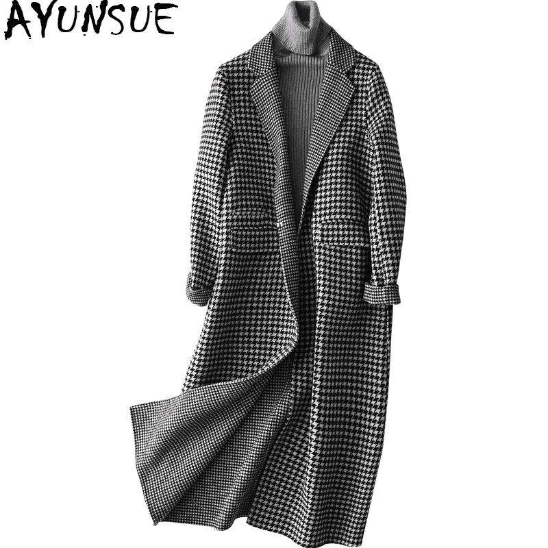 

AYUNSUE Wool Coat Women 2019 Fashion Autumn Plaid Woolen Trench Coat Female Long Slim Women's Winter Jackets and Coats 37110