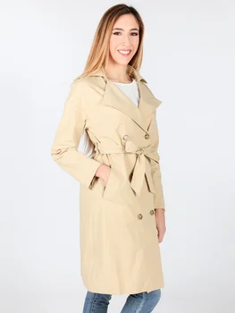 

Woman solid spring autumn double-breasted belt classic pocket windbreaker